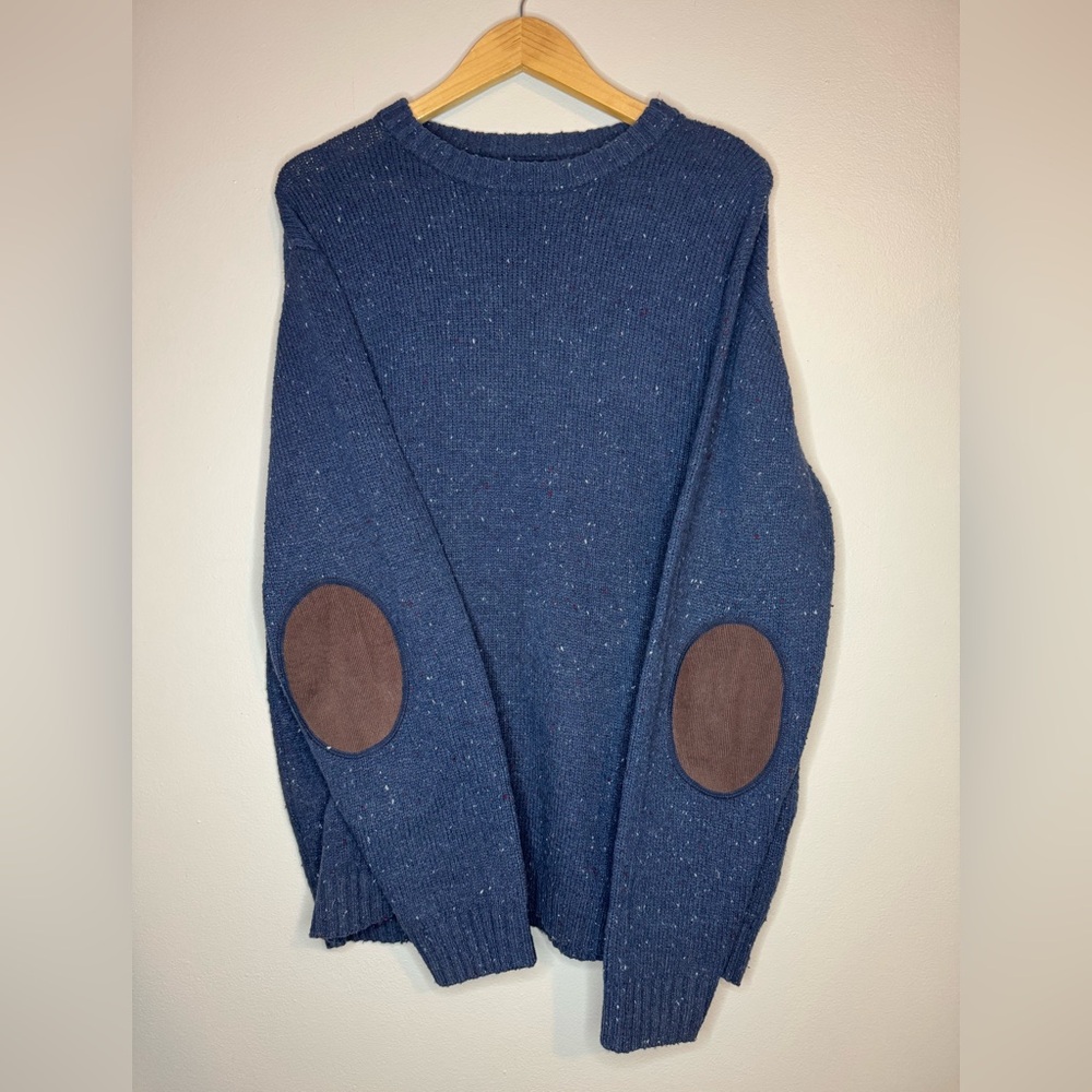 Line of Trade Men's Large Wool‎ Blend Sweater Blue Speckled Elbow Patches